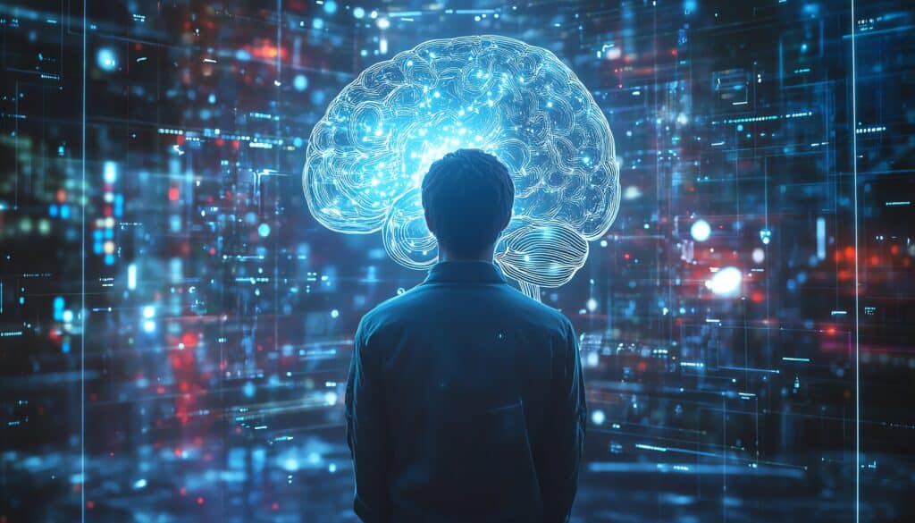 Man standing with AI brain vs human brain visual behind him.