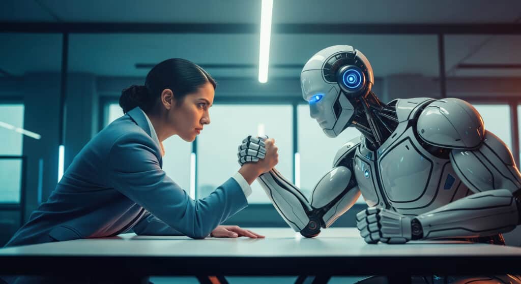Woman working on a computer using AI in graphic design tools.