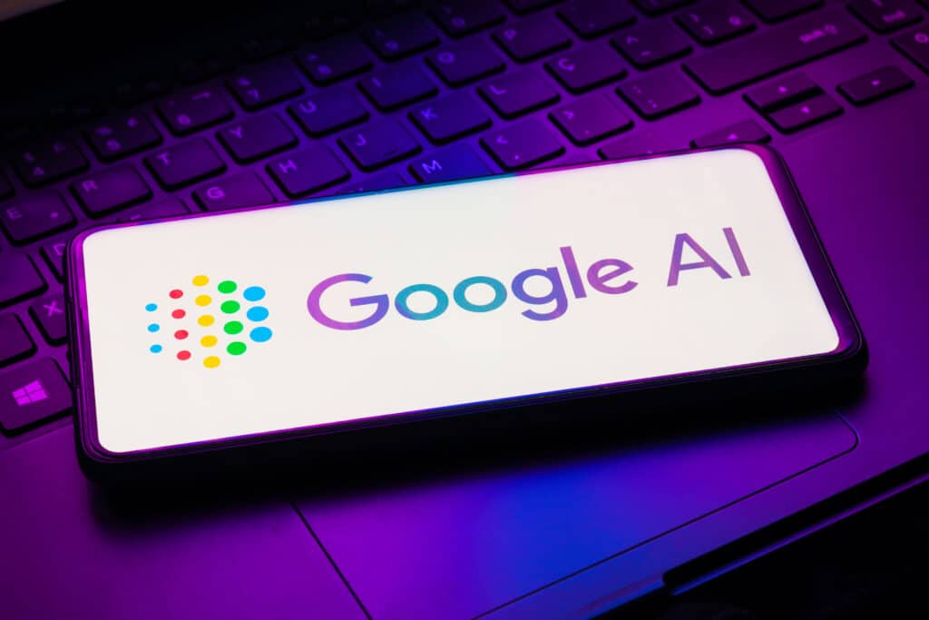 Google AI logo on smartphone screen, highlighting search and seg tech.